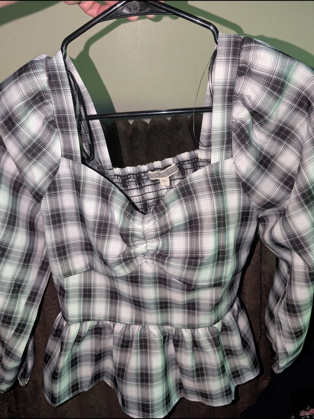Pleione Black White Plaid Peplum Top